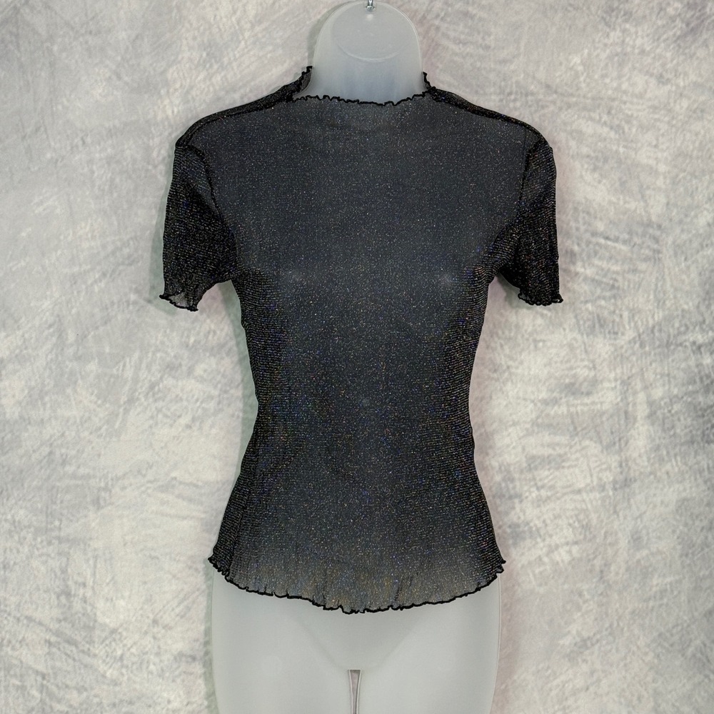 Whimsigoth Black Glitter Mesh Sheer stretch Top Mock Neck Lettuce Trim Sz M goth